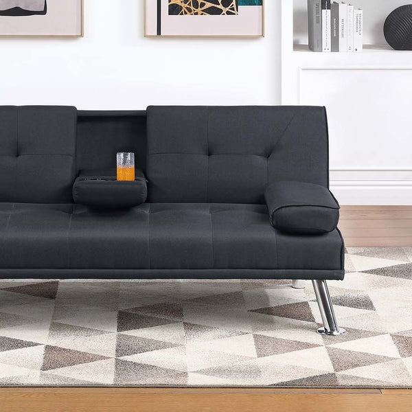 English Elm Living Convertible Faux Leather Sofa with Tufted Upholstery, Fold-Down Table and Cup Holders, Metal Legs Black 39 L x 8 W x 67 H B011P381499