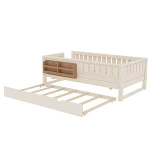 English Elm Twin Kids Platform Bed with Trundle Staircase Bookshelf and Rounded Safety Rails Beige W1580S00556