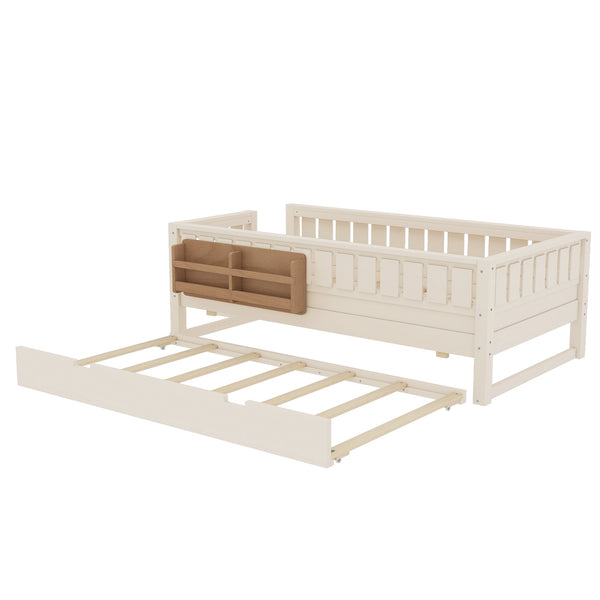 English Elm Twin Kids Platform Bed with Trundle Staircase Bookshelf and Rounded Safety Rails Beige W1580S00556