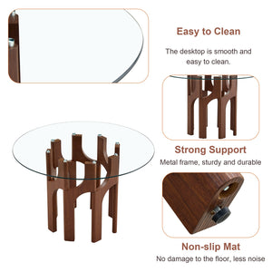 English Elm Round Tempered Glass Dining Table Sculptural Geometric Mdf Base Seats Four Compact Walnut W3875P387156