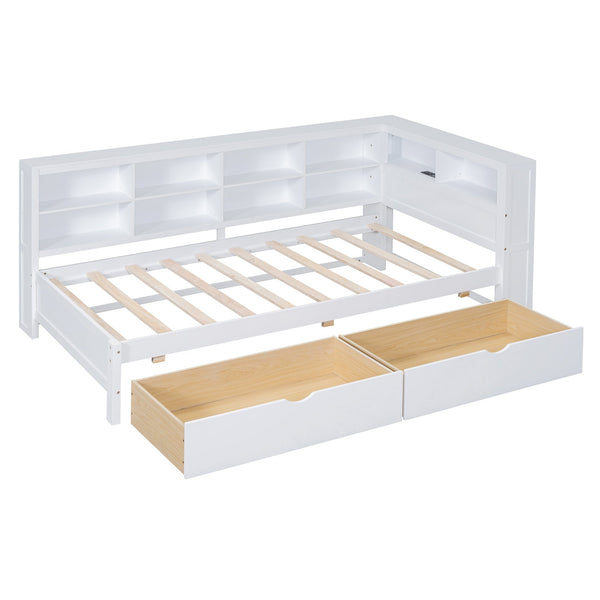 English Elm Wooden Twin Daybed with 2 Drawers, Built-In USB Charging & Double Shelf Storage, Pine Frame Durable White 42.91 L x 16.73 W x 6.69 H N733S170510K