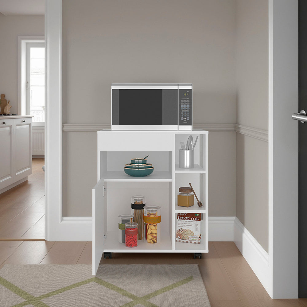 English Elm Kaito White Kitchen Cart with Open Shelving Enclosed Cabinet and Appliance Surface B070P474241