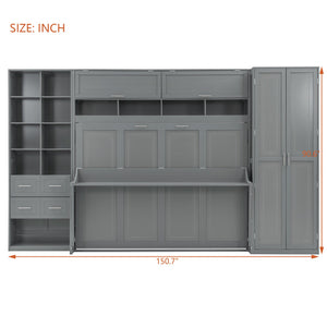 English Elm Queen Murphy Wall Bed Cabinet System with Wardrobe Drawers and Shelving in White Mdf LP000384AAE