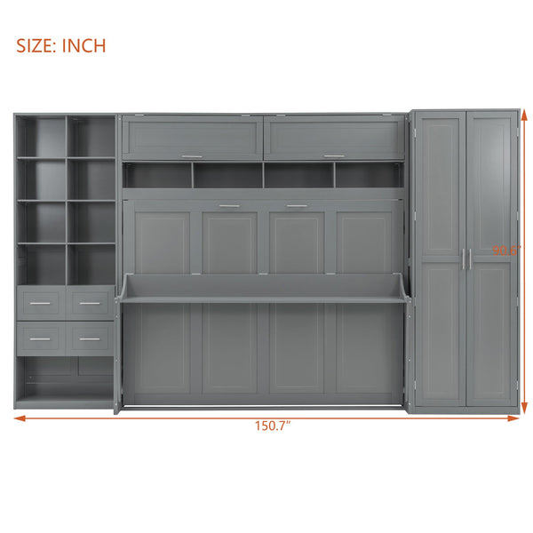 English Elm Queen Murphy Wall Bed Cabinet System with Wardrobe Drawers and Shelving in White Mdf LP000384AAE