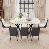 Hearth and Haven 1 Table and 8 Chairs Set.A Rectangular Dining Table with a 0.39-Inch Imitation Marble Tabletop and Black Metal Legs.Paired with 8 Chairs with Leatherette Leather Seat Cushion and Black Metal Legs.F-1538, C-007 W1151S00952 W1151S00952