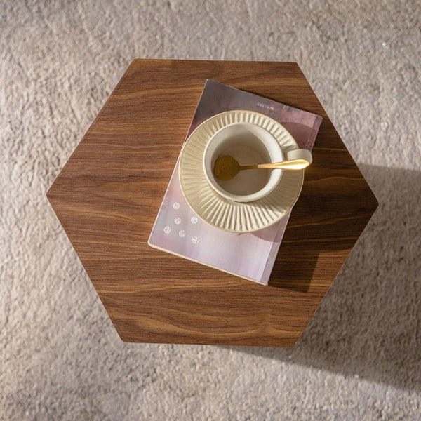 English Elm Hexagon Mdf End Table with Wood Grain Finish Fully Assembled for Small Living Spaces W3158P395506