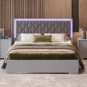 English Elm Queen Size Upholstered Bed With Led Lights,Modern Platform Bed With Velvet Headboard,Grey