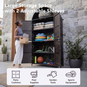 English Elm K&k Tall Arched Pe Rattan Outdoor Storage Cabinet with Adjustable Shelves and Steel Frame Brown+Black N707P420158D