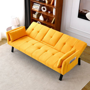 English Elm 70-inch Foldable Cotton Linen Sofa Bed with Cup Holder & Side Storage, Space-Saving 2-Seater Design Yellow W3371P337202