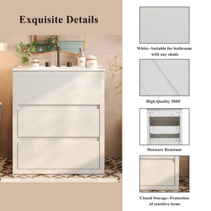 English Elm Christopher Knight Home® - 30" Bathroom Vanity with Ceramic Sink, 2 Soft-Close Full-Extension Drawers, Handle-Free 45° Design, Durable MDF White N817P280549W