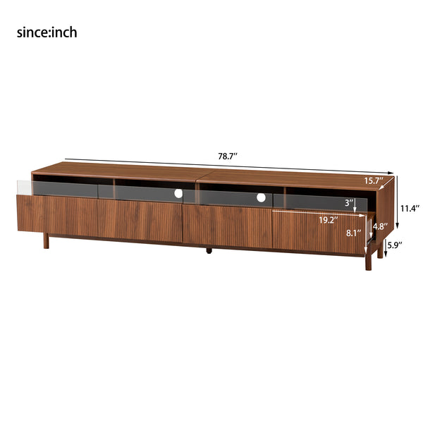 English Elm 78inch TV Stand Walnut for up to 85" TVs — Fluted Glass Drawers, Cable Management, Solid-Wood Legs PMID N710P362197P