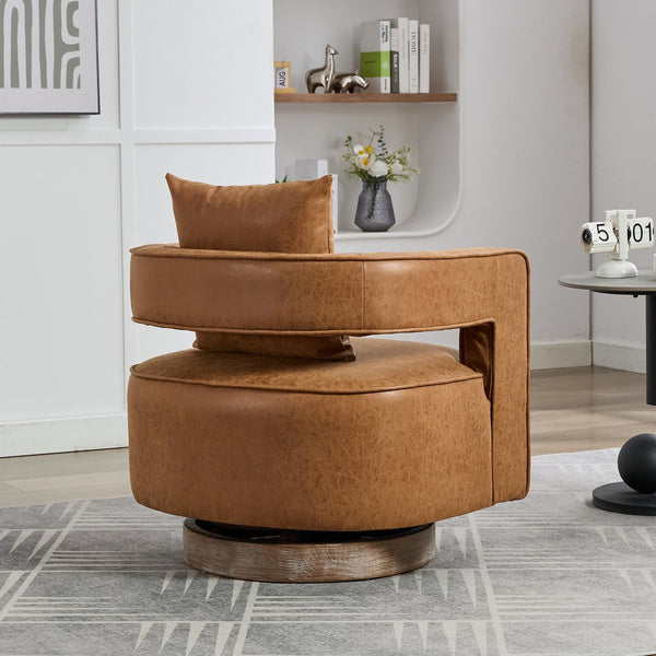 English Elm 28.9"w Swivel Barrel Accent Chair Faux Leather Open Back with Rubberwood Base Brown W3188P417874