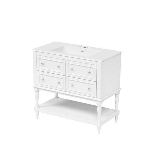 English Elm 36" Bathroom Vanity with Sink Combo, 36" Ceramic Undermount Basin, Solid Wood Frame, 4 Drawers, Waterproof Painted Finish White N710P250654K