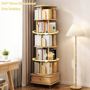 English Elm 6 Tier Rotating Bookshelf 360° Spinning Tower with Lockable Wheels, Drawer & Stable Base for Home Office Wood W3204P309484
