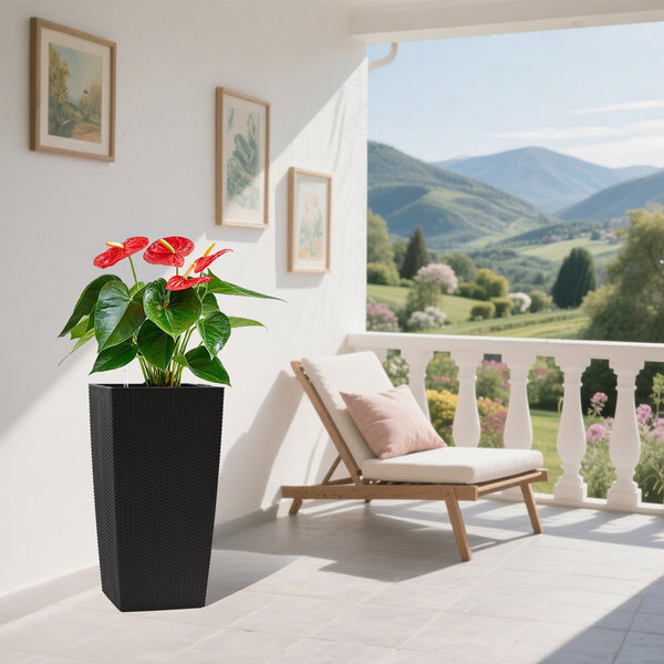 English Elm 30 Inch Tall Faux Rattan Planter Self Watering Outdoor Indoor Patio Garden Pot Black W3213P325511