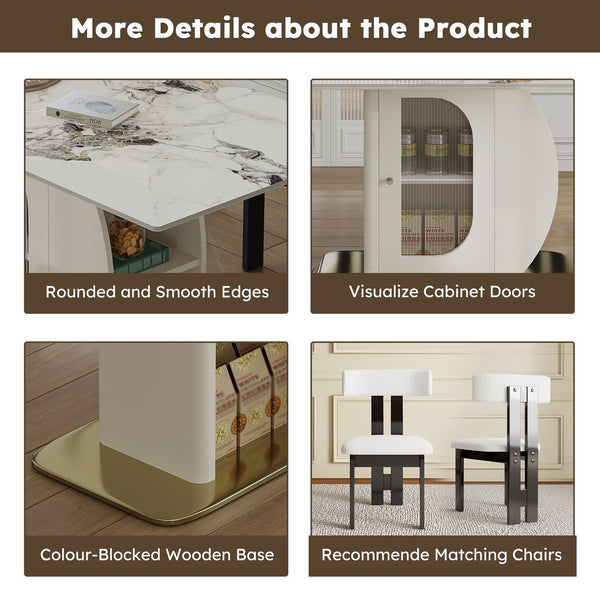 English Elm 63" Modern 7-Piece Dining Table Set With Elegant Storage, Burnt Stone Top & Velvet Chairs For Style W2700S00067