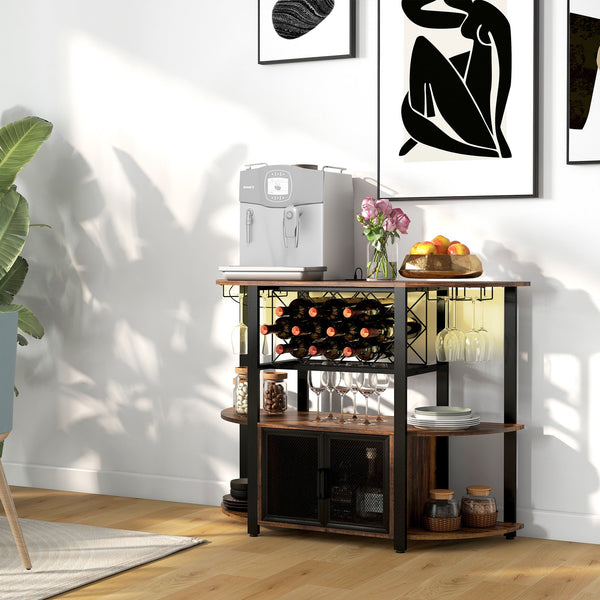 English Elm HOMCOM Industrial Wine Bar Cabinet with LED Lights, Charging Station, 10-Bottle Rack, Rustic Brown W2225P200789