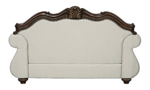 English Elm Pierce Elegant Beige Fabric Loveseat with Cherry Finish, Tufted Detail, Pocket Coils & 3 Pillows B2726S00275