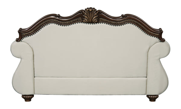 English Elm Pierce Elegant Beige Fabric Loveseat with Cherry Finish, Tufted Detail, Pocket Coils & 3 Pillows B2726S00275