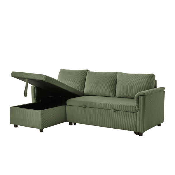 English Elm Loveseat Sectional Sleeper Sofa with Corduroy Tufted Upholstery Storage Chaise Reclining Green W2186S00014