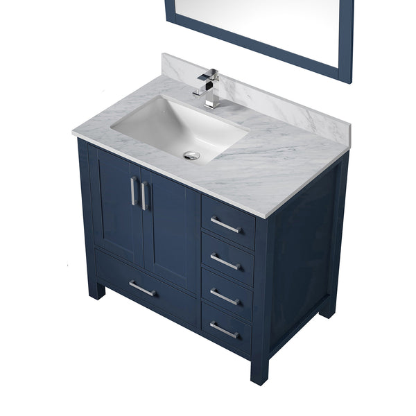 English Elm Navy Bath Vanity 36" W x 22" D with Left Carrara Marble Top, Chrome Faucet, 34" Mirror, Durable Finish B2731S01268