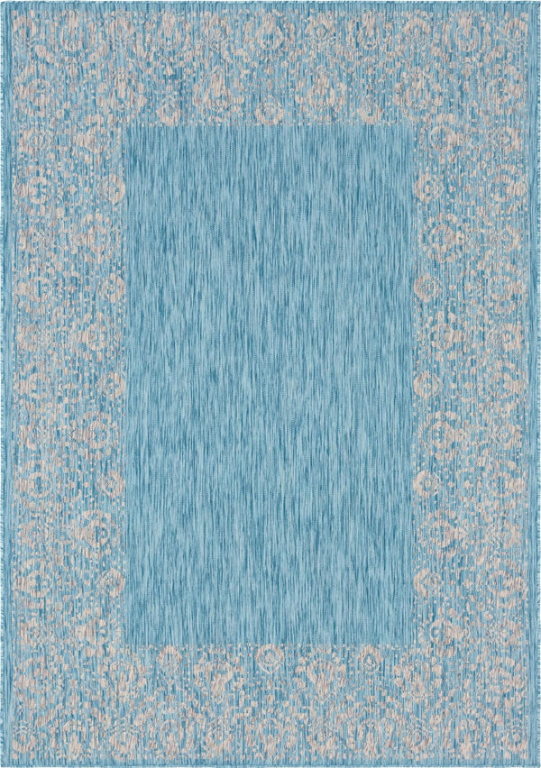 Unique Loom Outdoor Border Floral Border Machine Made Floral Rug Aqua, Ivory/Gray 7' 1" x 10' 0"