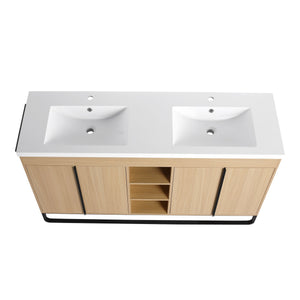 English Elm 60" Freestanding Bathroom Vanity with Dual Resin Sink, 4 Soft-Close Doors, 3 Open Shelves & Towel Hanger, Plywood Storage Boxes, Modern Durable Hardware W999S00480
