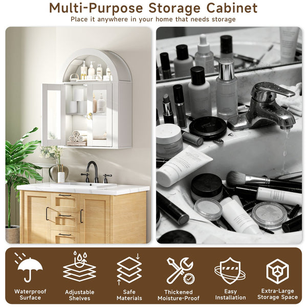 English Elm Wall Mounted Arched Cabinet Tempered Glass Doors Led Lighting Adjustable Shelves Bathroom White T3210P471554