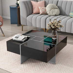 English Elm Unique Design Coffee Table With 4 Hidden Storage Compartments, Square Cocktail Table With Extendable Sliding Tabletop, Uv High-Gloss Design Center Table For Living Room, 31.5"X 31.5"