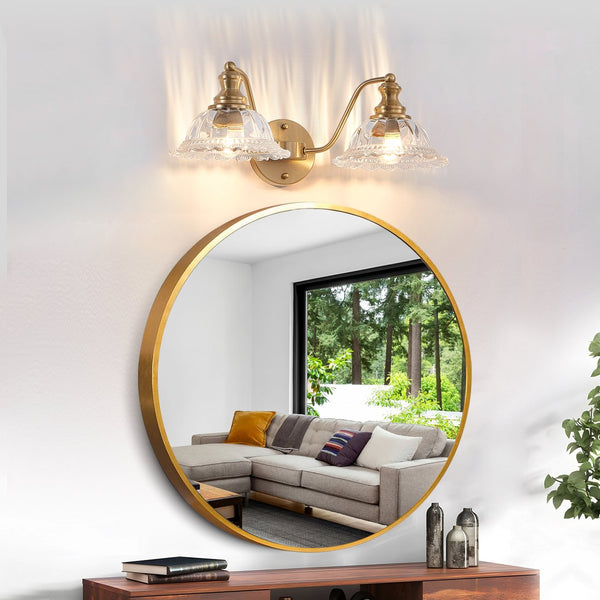 English Elm 20 Inch 2-Light Vintage Bathroom Wall Sconce with Iron and Glass Shades – Elegant Vanity Lighting for Mirror and Hallway Gold W2312P374843