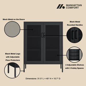 English Elm Amelia Metal Accent Cabinet 32" — Steel Mesh Doors, Adjustable Shelves, Minimalist Legs for Modern Storage Solutions Black B365P397890