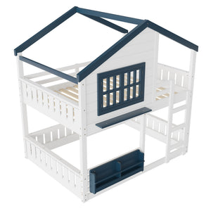 English Elm Full Bunk Bed with Trundle Bookshelf Storage Pine Frame Car Design for Kids White W1580S00552