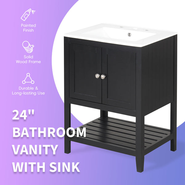 English Elm 24" Modern Sleek Bathroom Vanity with Ceramic Sink, Solid Wood Frame, Waterproof Finish and Open Shelf Storage Black N725P246473B