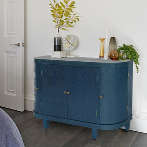 English Elm 47''Oval Handmade Fluted Storage Cabinet with Sliding Shutter Doors, Antique Blue Green Curvy Credenza W2295P290657