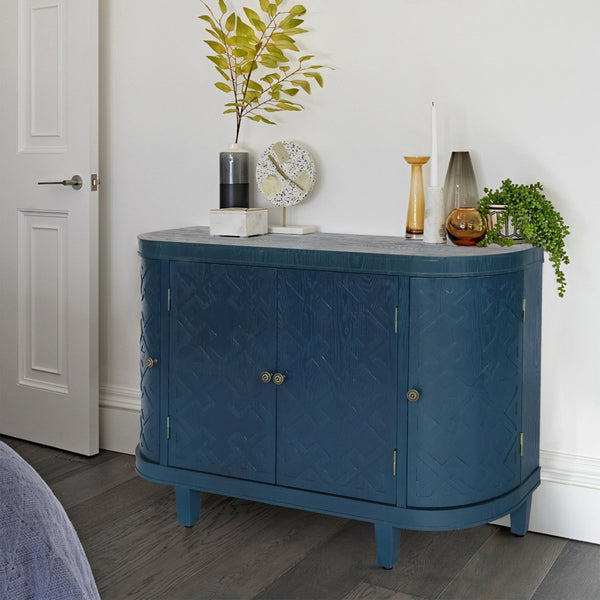 English Elm 47''Oval Handmade Fluted Storage Cabinet with Sliding Shutter Doors, Antique Blue Green Curvy Credenza W2295P290657