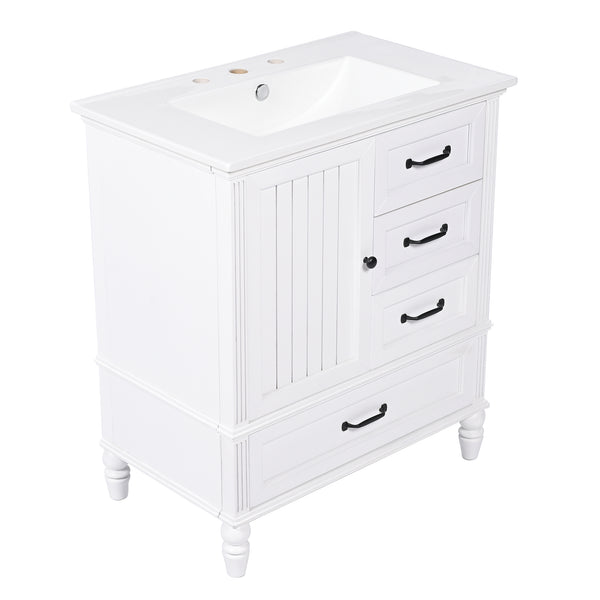 English Elm Christopher Knight Home® - 30" Bathroom Vanity with Ceramic Sink, Acacia & MDF Cabinet, Soft-Close Door & Drawers White N759P346895K