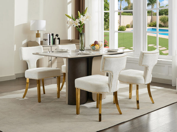 English Elm Mid Century Modern Dining Chairs with Copper Nail Trim, Plush High-Density Foam Seats, Brushed Steel Legs Beige W1143P314902