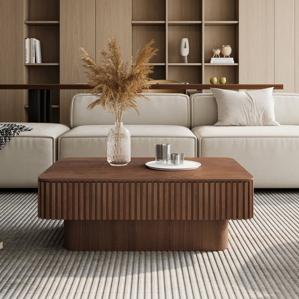 English Elm 38.6'' Fluted Walnut Lift-top Coffee Table with Hidden Storage for Modern Living W1435P380337
