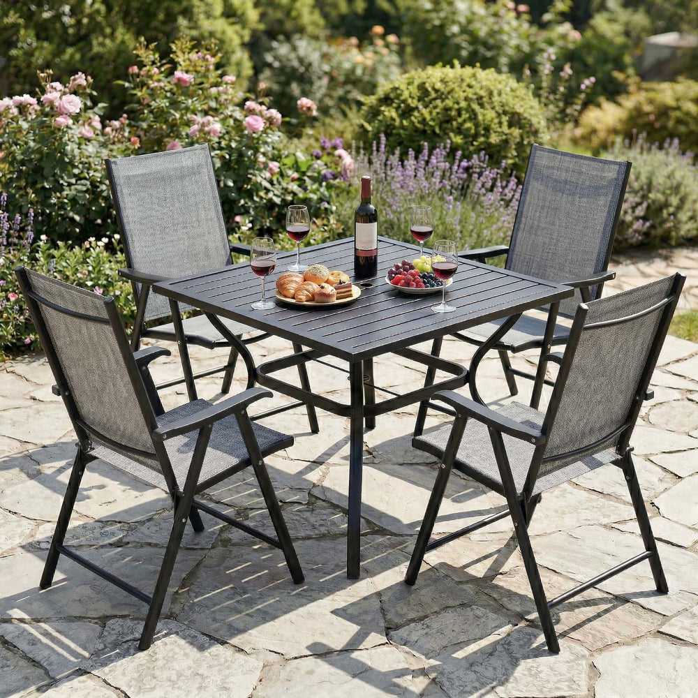 English Elm Outdoor Steel Bistro Dining Set with Slatted Square Table and Four Folding Mesh Chairs Beige+Grey,Black W5159S00001
