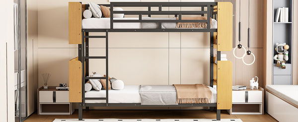 English Elm Twin Metal Bunk Bed with Built-In Headboard Storage and Footboard Shelves, Sturdy Space-Saving Design Black SF000176AAB