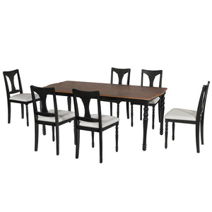 English Elm 7-Piece Extendable Dining Set with Removable Leaf and 6 Upholstered Chairs, Solid Rubberwood Legs, Seats 6 Black+Brown N752S000030B
