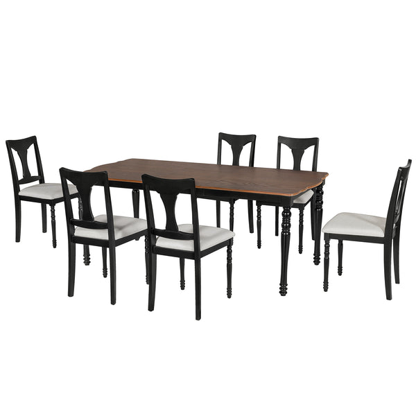 English Elm 7-Piece Extendable Dining Set with Removable Leaf and 6 Upholstered Chairs, Solid Rubberwood Legs, Seats 6 Black+Brown N752S000030B