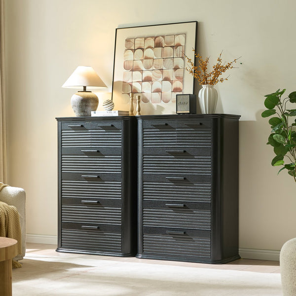 English Elm 6 Drawer Tall Fluted Chest with Waveform Fronts Slim Wooden Storage for Modern Bedroom Black Woodgrain T5326P425102
