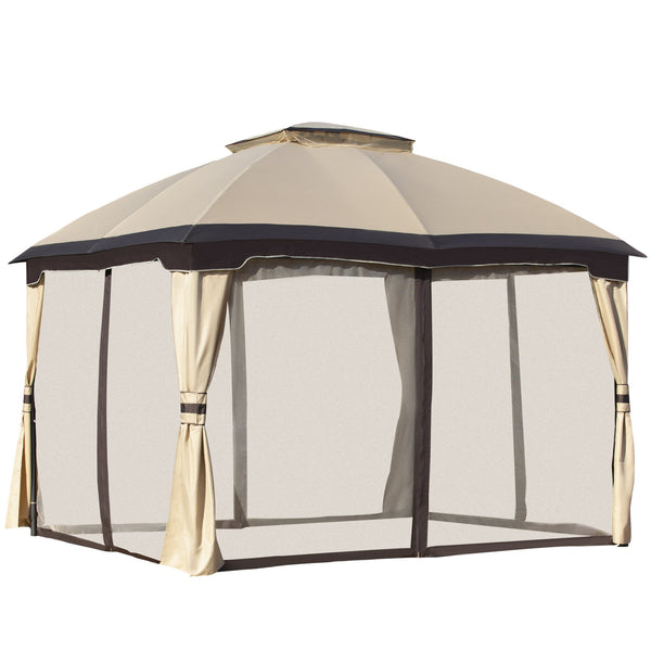English Elm Gazebo Steel Frame Screened Patio Shelter with Double Tier Roof and Mesh Walls T3971P388791
