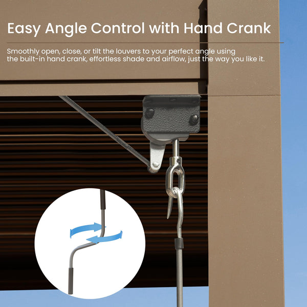 English Elm 10x12 Modern Brown Louvered Pergola with Dual Adjustable Aluminum Louvers, Gutter, Secure Mounting W1859S00124