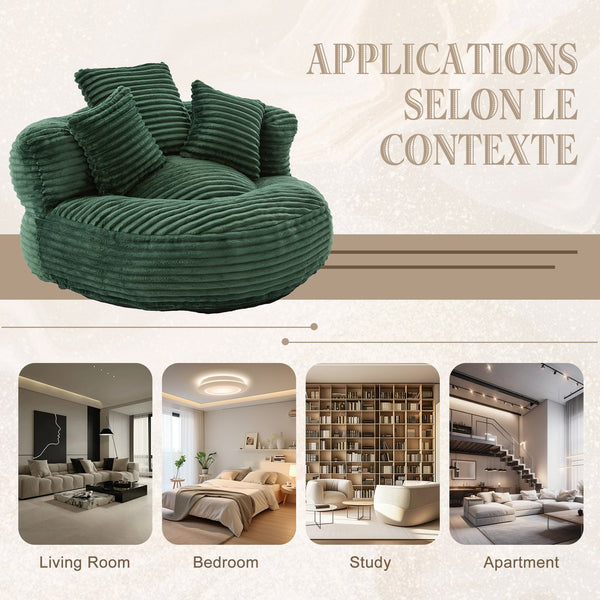 English Elm Bean Bag Sofa Oversized Corduroy Floor Lounge Chair with Armrests Pillows Foam Fill Emerald W395P426813