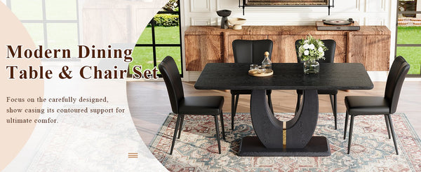English Elm Black Wood Grain Mdf Dining Table Set Seats 4 with Striped Pu Leather Chairs W1151S04427