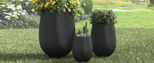 English Elm U_style Egg Shaped Mgo Stone Look Planters Set of 3 Sculptural Pots for Patio Garden N711P406659B