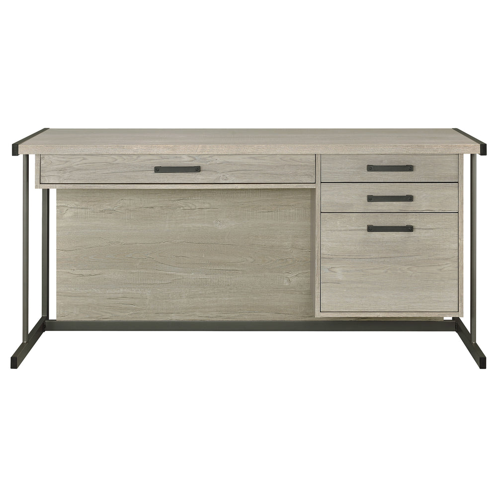 English Elm Brisley Weathered Whitewashed Grey Office Desk with Gunmetal Sled Base, 3-Drawer Ergonomic Storage (60") B062P333477