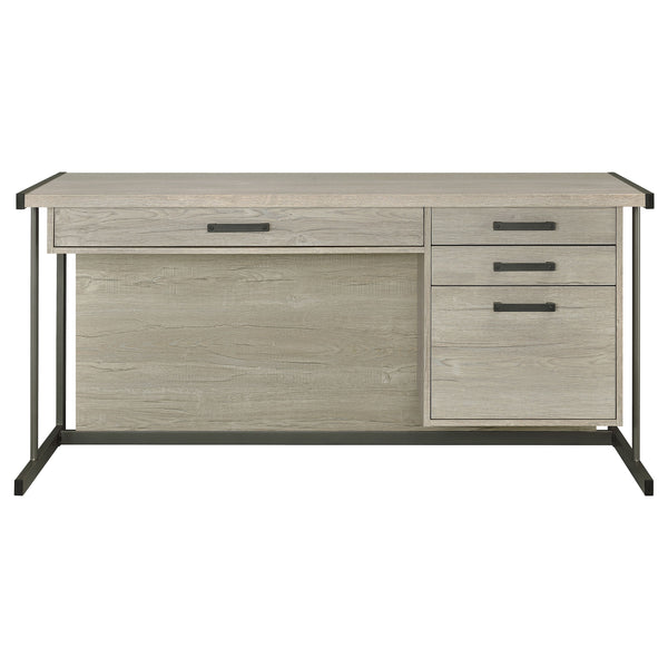 English Elm Brisley Weathered Whitewashed Grey Office Desk with Gunmetal Sled Base, 3-Drawer Ergonomic Storage (60") B062P333477